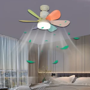 Ventilateur de plafond moderne avec lumière LED intégrée design coloré chambre enfant salon jeu ventilation éclairage pratique économie d’énergie