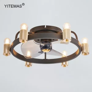 Plafonnier métal ventilateur intégré style industriel moderne éclairage LED 6 lumières chambre salon pays français design élégant économie d’énergie