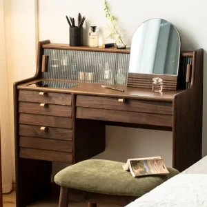 Coiffeuse nordique en bois naturel design minimaliste moderne miroir arrondi 4 tiroirs chambre à coucher dressing meuble de beauté élégant et fonctionnel Coiffeuse nordique en bois naturel design minimaliste moderne miroir arrondi 4 tiroirs chambre à coucher dressing meuble de beauté élégant et fonctionnel