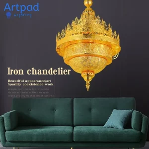 Lustre suspendu design oriental style thaïlandais or métal finition dorée  éclairage decoratif salon reception luminaire luxueux 50cm