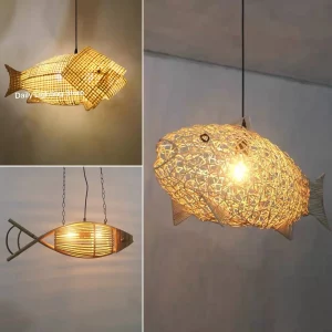 Suspension en bois de bambou style poisson design rustique moderne éclairage chaleureux salon cuisine chambre décoration naturelle économique