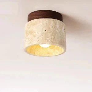 Plafonnier en travertin naturel bois moderne design rustique style japonais lumière douce éclairage intérieur salon entrée balcon