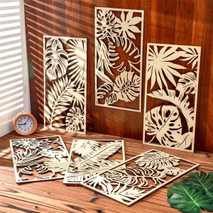 Panneaux décoratifs murals en bois naturel  design moderne et naturel  motifs de feuillage tropicaux pour salon  chambre et bureau  décoration artistique écoénergétique  style boho