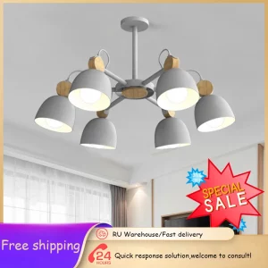 Plafonnier bois métal design nordique moderne LED éclairage chaleureux chambre salon cuisine appartement hôtel étoile six branches bois clair finition naturelle