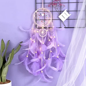 Attrape-rêves créatif LED en bois et plumes style bohème décoration murale chambre salon lumière apaisante Attrape-rêves créatif LED en bois et plumes style bohème décoration murale chambre salon lumière apaisante