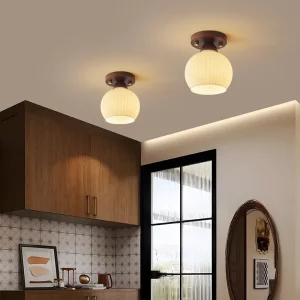 Plafonnier en bois et verre design nordique LED éclairage chaleureux pour chambre salon couloir haut de gamme