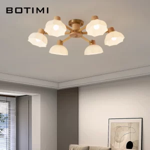 Plafonnier en bois naturel design nordique moderne avec abat-jours en verre  6 lumières  éclairage chaleureux pour salon et chambre