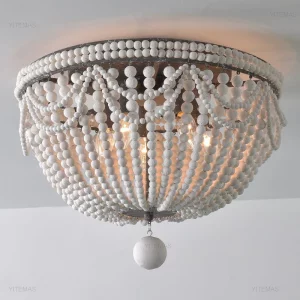 Plafonnier en perles de bois blanc design rustique vintage salon chambre éclairage intérieur moderne chaleureux élégant