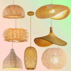Suspension rotin osier bambou design bohème naturel lumière douce salon chambre cuisine éclairage intérieur moderne ambiance chaleureuse