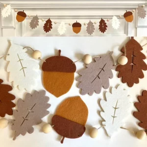 Décoration murale automnale en feutre guirlande rustique thème feuilles et glands style naturel chambre enfant salon saisonnier Décoration murale automnale en feutre guirlande rustique thème feuilles et glands style naturel chambre enfant salon saisonnier