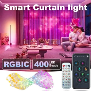 Rideau lumineux LED RGBIC intelligent Wifi  400 LEDs  contrôle app/moteur  ambiance musicale  décoration festive  chambre  salon  noël  vacances