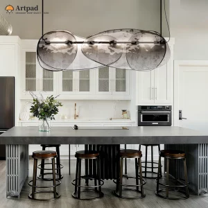 Suspension moderne industrielle verre fumé métal noir LED éclairage cuisine îlot table salle à manger design audacieux effet marbré lumière neutre