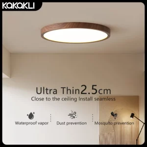 Plafonnier LED en bois de noyer ultra-mince  design nordique moderne pour éclairage intérieur chaleureux et élégant