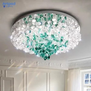 Plafonnier en cristal vert moderne design luxe intérieur salon chambre hôtel éclairage chaleureux économique élégant