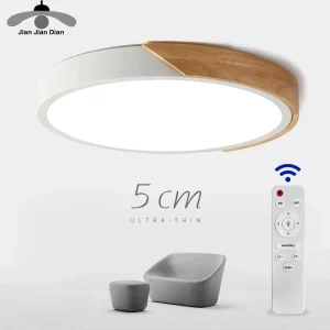 Plafonnier LED bois naturel design moderne ultra-mince éclairage salon chambre balcon télécommande contrôle lumière