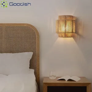 Applique murale en corde de chanvre style bohème rustique  tissage en osier et rotin  lumière LED douce pour chambre à coucher  décoration maison  style naturel