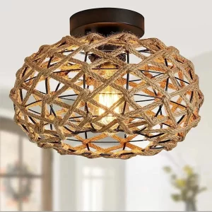 Plafonnier corde de jute rustique vintage E27  lampe suspendue en métal et jute tissé pour chambre  salon  couloir  campagne  décoration intérieure  abat-jour