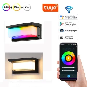 Applique murale LED intelligente design moderne en aluminium et verre transparent éclairage RGB et blanc compatible Alexa et Google pour salon chambre couloir et extérieur protégé Applique murale LED intelligente design moderne en aluminium et verre transparent éclairage RGB et blanc compatible Alexa et Google pour salon chambre couloir et extérieur protégé
