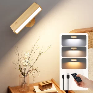 Paquet de 2 appliques murales en bois massif design nordique LED rechargeables avec télécommande et lumière variable pour chambre salon bureau