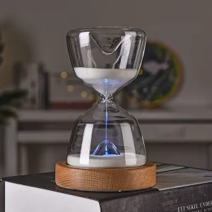 Sablier lumineux en verre bois naturel design moderne minimaliste décoration bureau salon timer créatif éclairage bleu relaxant