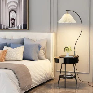 Lampadaire LED en bois naturel design scandinave moderne avec abat-jour plissé  éclairage chaleureux pour salon et chambre  économie d’énergie  décoration élégante