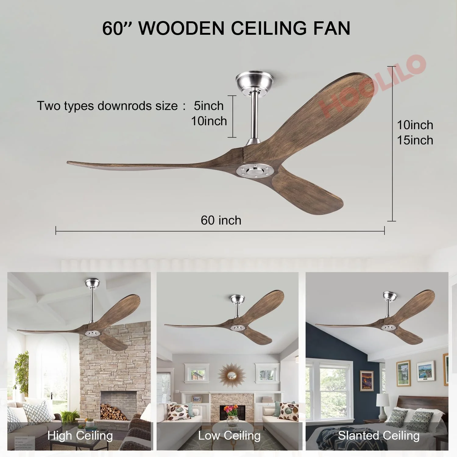 Ventilateur de plafond bois naturel LED design moderne style scandinave lumière chaleureuse télécopilote 6 vitesses 60 pouces