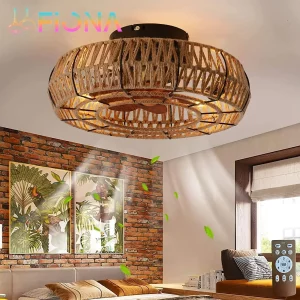 Plafonnier ventilateur bois naturel corde jute design rustique bohème moderne éclairage chaleureux économique salon chambre