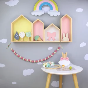 Rangement mural créatif en bois design scandinave pour chambre d’enfant étagère déco murale éclairage chaleureux économie d’énergie style moderne nordique
