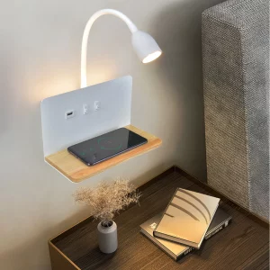 Applique murale LED bois naturel design moderne étagère intégrée charge sans fil USB lumière chaleureuse économique élégant Applique murale LED bois naturel design moderne étagère intégrée charge sans fil USB lumière chaleureuse économique élégant