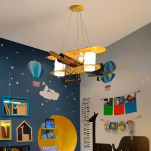 Plafonnier suspensif avion biplan en bois et métal lumière douce pour chambre enfant salon bureau décoration aéronautique élégante et sécuritaire Plafonnier suspensif avion biplan en bois et métal lumière douce pour chambre enfant salon bureau décoration aéronautique élégante et sécuritaire