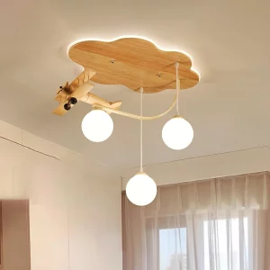 Plafonnier bois naturel design moderne chambre enfant lumière douce éclairage suspendudécoration ludique nuage avion