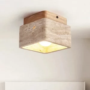 Plafonnier carré en travertin et bois de noyer design nordique moderne éclairage chaleureux pour entrée couloir et salon luminaire élégant et durable Plafonnier carré en travertin et bois de noyer design nordique moderne éclairage chaleureux pour entrée couloir et salon luminaire élégant et durable