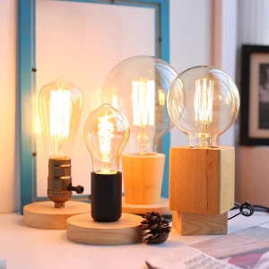 Lampe de table bois naturel design industriel vintage métal verre LED éclairage chaleureux décoration bureau salon chambre moderne élégant