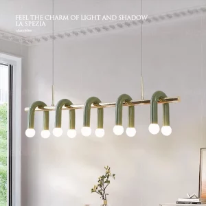 Suspension dorée design moderne minimaliste avec courbes vert olive éclairage LED salle à manger salon bureau étude lumière chaleureuse élégance naturelle économique