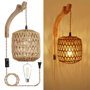 Applique murale LED en rotin et bois naturel design rustique éclairage chaleureux pour chambre salon cuisine décoration intérieure moderne économique élégant