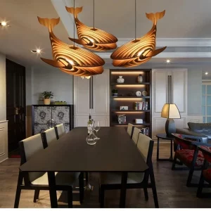Suspension en bois design moderne naturelle salle à manger cuisine éclairage chaleureux lumière douce ambiance unique