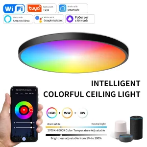Plafonnier intelligent LED design moderne minimaliste contrôle vocal Alexa Google Amazon Tuya éclairage RGB blanc chaud froid ajustable lumière ambiance pièce