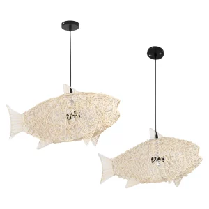 Suspension en rotin tissé en forme de poisson  style rustique naturel  luminaire suspendu chaleureux pour salon  chambre  cuisine  décoration intérieure artistique