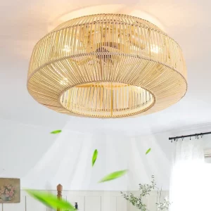 Plafonnier en rotin bambou tissé main style bohème moderne lumière chaleureuse salon chambre déco naturelle