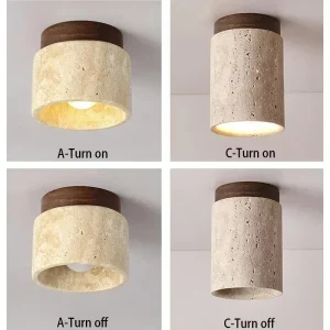 Plafonnier bois naturel pierre ronde lumière douce design moderne épuré salon chambre éclairage chaleureux économie d’énergie élégance nordique