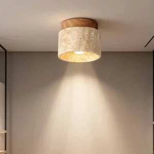 Plafonnier bois verre travertin design moderne éclairage chaleureux salon chambre couloir balcon