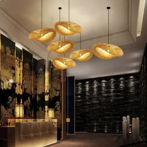 Suspension LED en rotin et bambou design moderne intérieur naturel éclairage chaleureux salon chambre cuisine