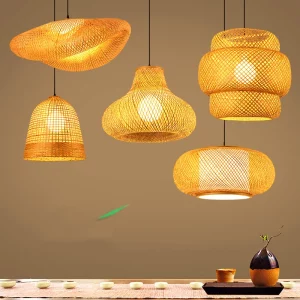 Suspension en bambou et bois design scandinave rustique pour salon cuisine éclairage chaleureux LED économique élégant