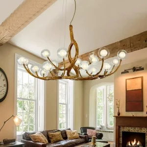 Plafonnier résine bois naturel design rustique nordique LED éclairage chaleureux salon salle à manger décoration intérieure élégant économie d’énergie