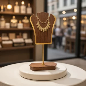 Présentoir bijoux bois noyer style moderne avec support métal doré  organisation élégante pour colliers et boucles d’oreilles  idéal pour boutique ou domicile