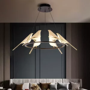 Suspension lustre oiseaux design moderne artistique doré blanc métal salon cuisine éclairage chaleureux contemporain