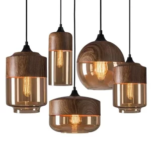 Suspension bois verre teinté design nordique moderne lumière douce salle à manger chambre salon café restaurant éclairage chaleureux économie d’énergie Suspension bois verre teinté design nordique moderne lumière douce salle à manger chambre salon café restaurant éclairage chaleureux économie d’énergie