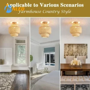 Plafonnier en bambou tissé style rustique  luminaire vintage en rotin  jaune clair  cuisine  chambre  couloir