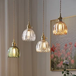 Suspension verre fleur design vintage retro E27 cuivre chambre salon restaurant décoration lumière rétro lustre élégant