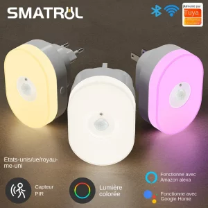 Veilleuse LED intelligente avec capteur de mouvement PIR compatible Alexa et Google Home design moderne éclairage RGB économie d’énergie salle de bains chambre Veilleuse LED intelligente avec capteur de mouvement PIR compatible Alexa et Google Home design moderne éclairage RGB économie d’énergie salle de bains chambre